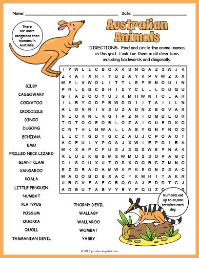 australian animals word search