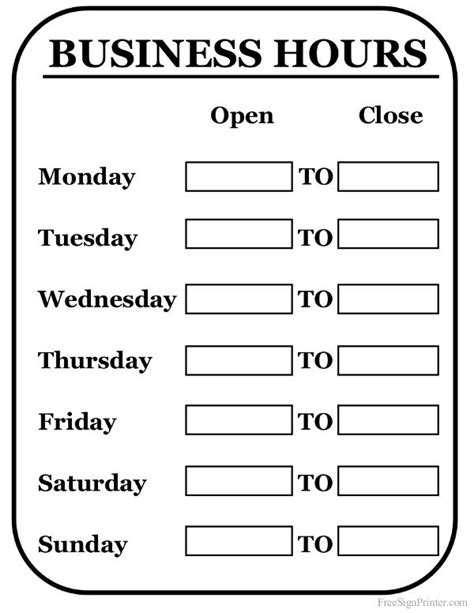 Printable Business Hours Sign Business Hours Sign Store