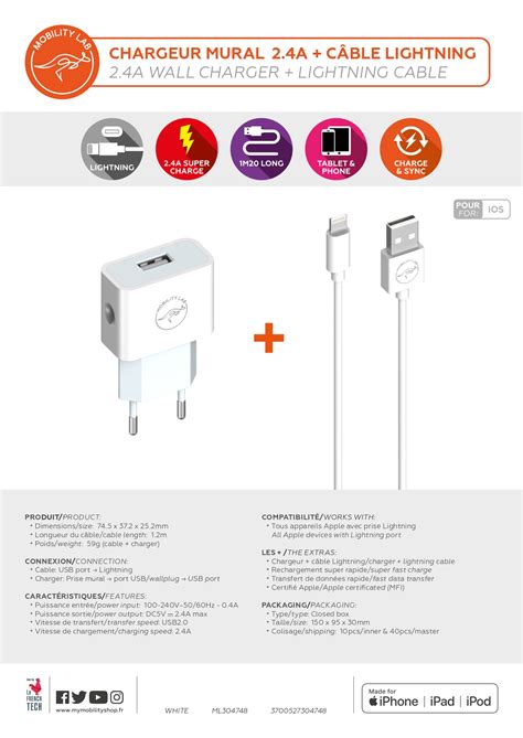 Mobility Lab Pack Chargeur Mural 24a Cable Lightning Chargeur