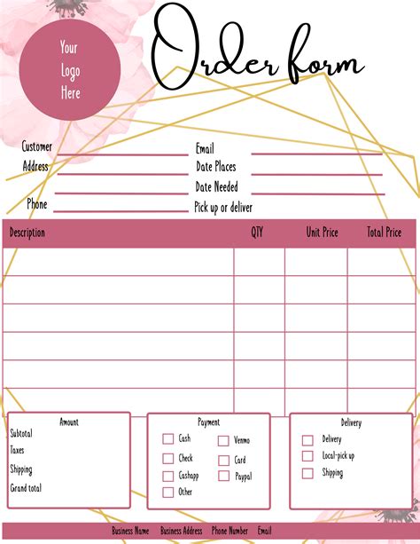 Pink Order Form With Flowers That You Can Customize To Your Business