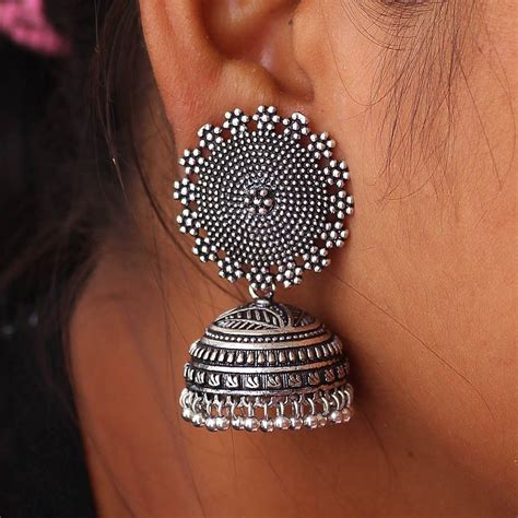 Oxidized Black Round Tops Earrings Indian Jhumka Earring Etsy Uk