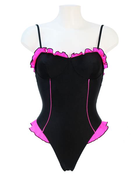 Black Swimsuit With Bright Pink Frill Detail Xss Reign Vintage