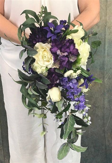 romantic purple cascading bridal bouquet cascading purple silk etsy cascading bridal