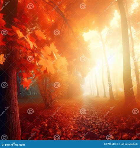 Autumn Forest Path Orange Color Tree Red Brown Maple Leaves In Fall