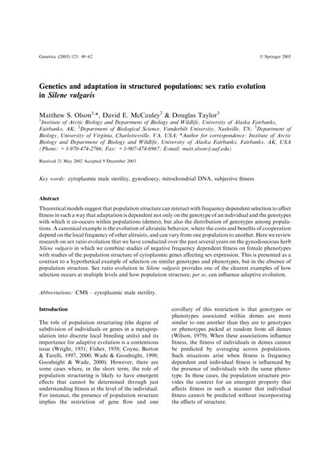Pdf Genetics And Adaptation In Structured Populations Sex Ratio Evolution In Silene Vulgaris