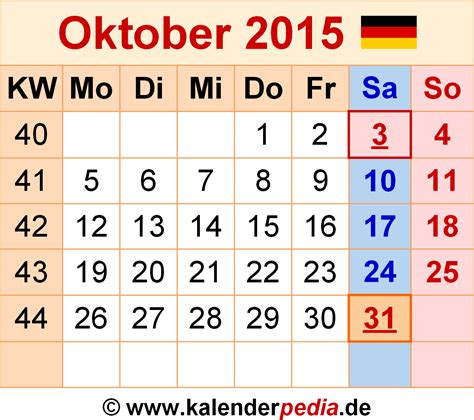 Kalender Oktober 2015 Als Pdf Vorlagen