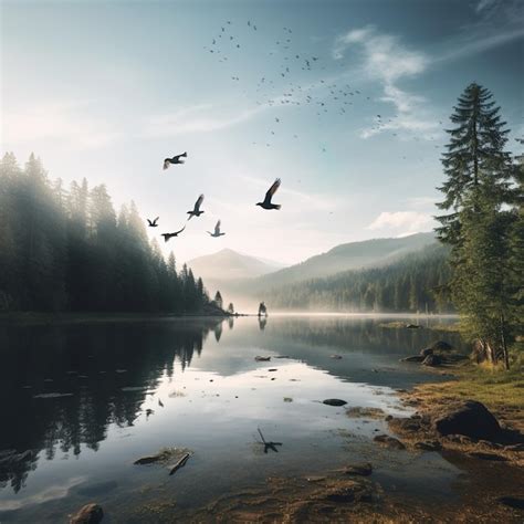 Premium Photo Birds Flying Over Mountain Lake