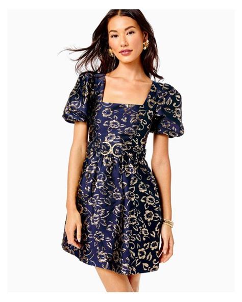 Lilly Pulitzer Womens Kasslyn Dress In Navy Blue Gold Puff Floral
