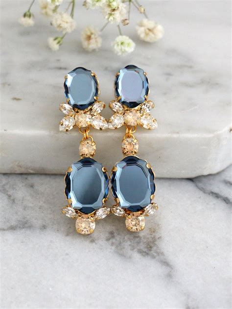 Bridal Blue Navy Earrings Dark Blue Drop Earrings Crystal Etsy