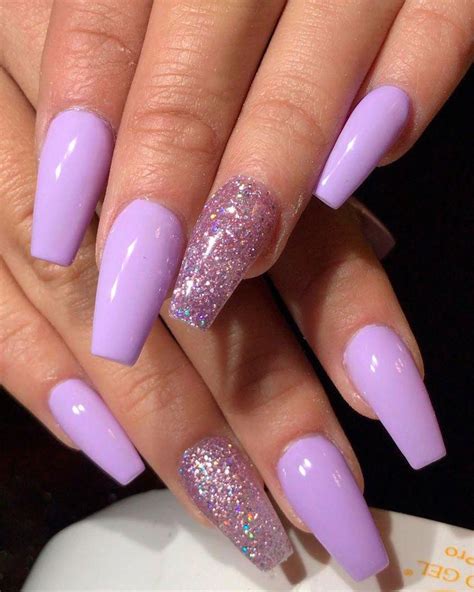 Cute Light Purple Coffin Nails With Glitter Accent Nail Design