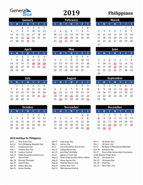 2019 Philippines Calendar With Holidays