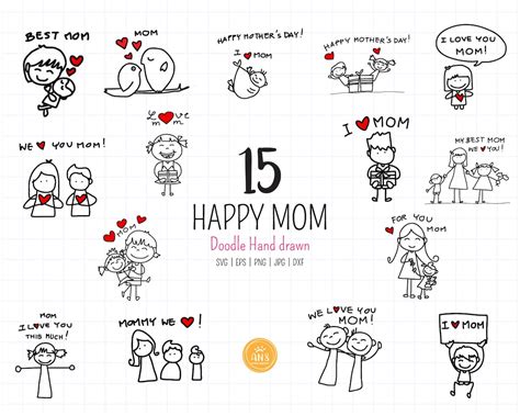 Doodle Happy Mom Svg Dxf Mother S Day T Clipart Love Mum Cut File Hand Drawn Stick People
