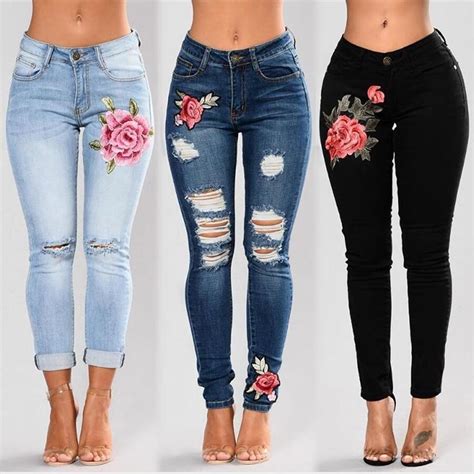 Stretch Embroidered Jeans For Women Elastic Flower Slim Denim Hole Ripped Rose Pattern Moda