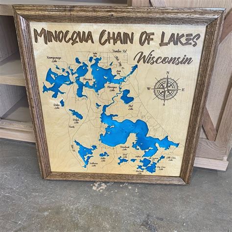 Minocqua Chain Of Lake Wisconsin Custom Laser Engraved Lake Map With