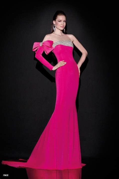 one shoulder sleeved fuchsia satin beaded occasion evening dress with bow evening dresses