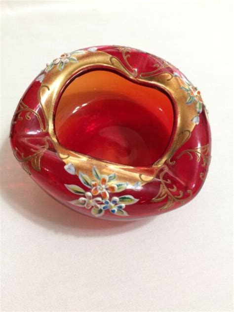 Murano Red Art Glass Ashtray Hand Painted Flowers And Gold Trim Excellent Cond Ebay