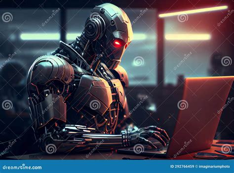 3d Rendering Humanoid Robot Working On Laptop Computer Stock