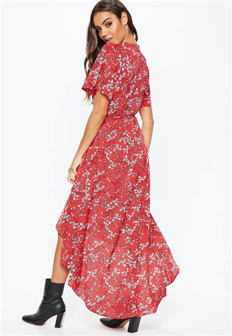 Red Floral Print Wrap Midi Dress Missguided Australia