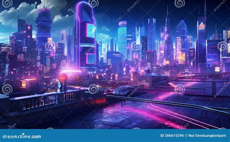 Cyberpunk Skylines Futuristic Cityscape With Neon Towers Stock Photo