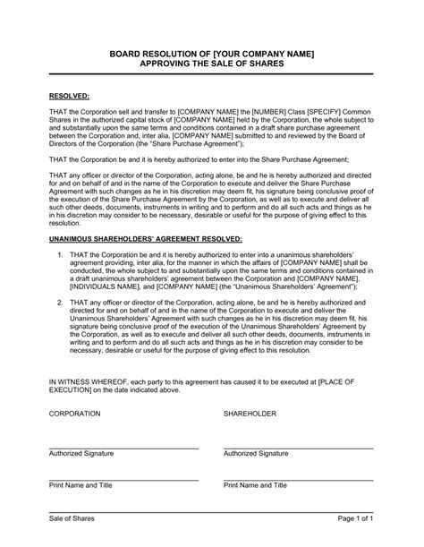 The instruments of transfer on sale of any stock, shares or marketable securities is subject to duty under item 32(b) of the first schedule stamp act 1949 as follows: Board Resolution Approving Sale of Shares Template | by ...