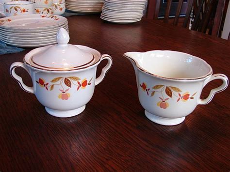 Halls China Jewel Tea Autumn Leaf Lidded Sugar Bowl With Creamer Free