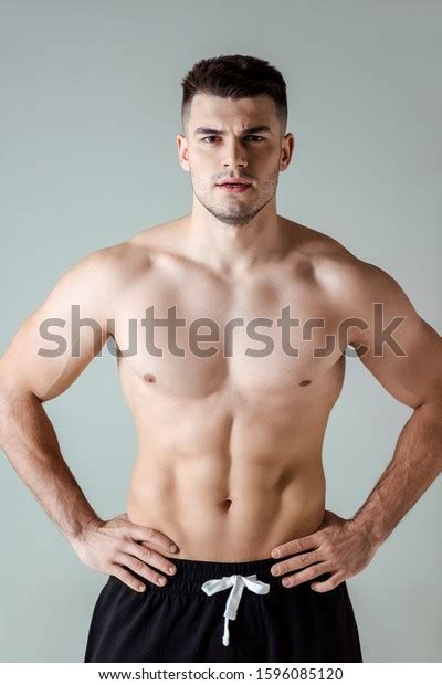 Sexy Muscular Bodybuilder Bare Torso Posing Stock Photo
