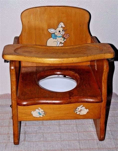 Vintage Mid Century Wooden Potty Chair With Tray And Plastic Bowl Potty
