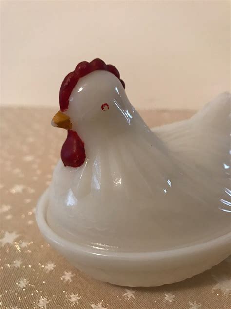 Hazel Atlas Milk Glass Chicken On Nest Small Original Red Etsy