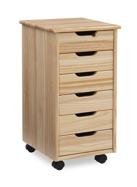 Linon Cary Six Drawer Rolling Storage Cart Natural Finish