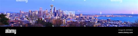 Panoramic View Of Seattle Skyline At Sunset Stock Photo Alamy