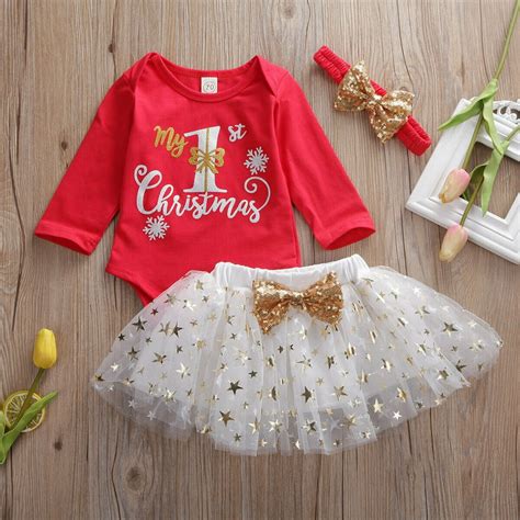 Calsunbaby 3pcs Newborn Baby Girl My 1st Christmas Romper Bow Tutu