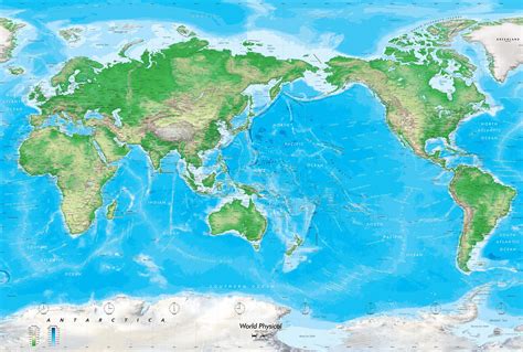 World Map Wallpaper Mural Detailed Physical Pacific Centered Map