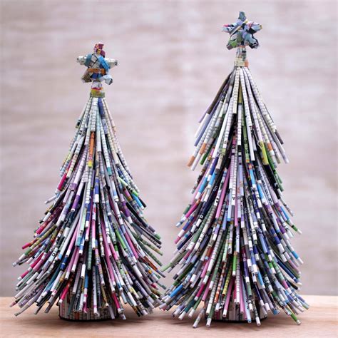 Handmade Recycled Paper Christmas Tree Figurines Pair News Tree