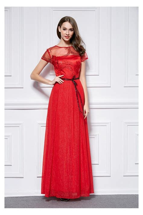Red Sequin Tulle Neckline Long Party Dress 89 CK441 SheProm Com