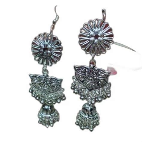 Alloy Steel Silver Party Wear Oxidized Earring 3 Inch Length At Rs