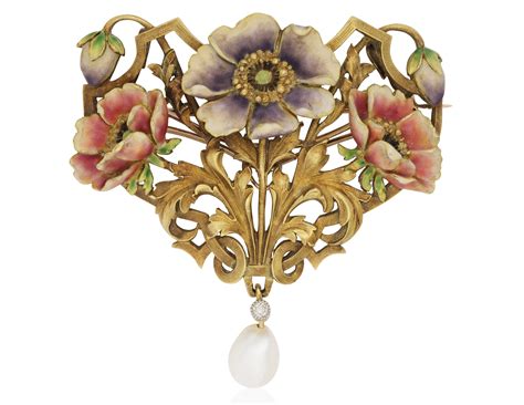 Plisson Et Hartz Art Nouveau Enamel And Gold Flower Pendant Brooch