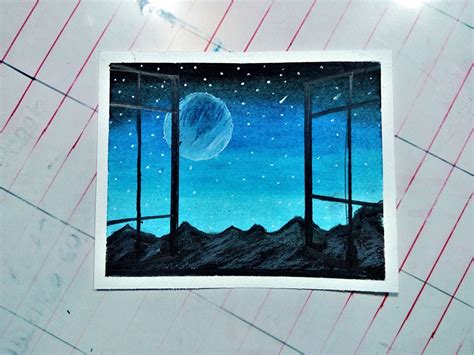 Moonlight Window Scenery Drawing With Oil Pastels Step By Step