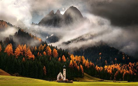 Nature Mist Landscape Italy Alps Church Clouds Mountain Forest