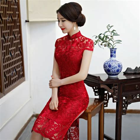 shanghai story short sleeve knee length red cheongsam lace qipao chinese dress oriental dress