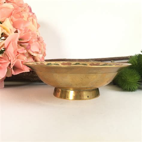Vintage Brass Round Pedestal Dish Cloisonné Enamel Floral Etsy