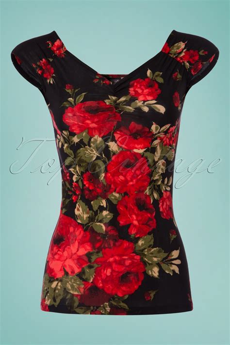 50s Isabel Roses Top In Black And Red