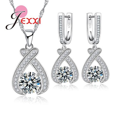 Lady Women Silver Jewelry Sets Special Cz Zirconia Crystal Heart Pendant Necklace Earrings