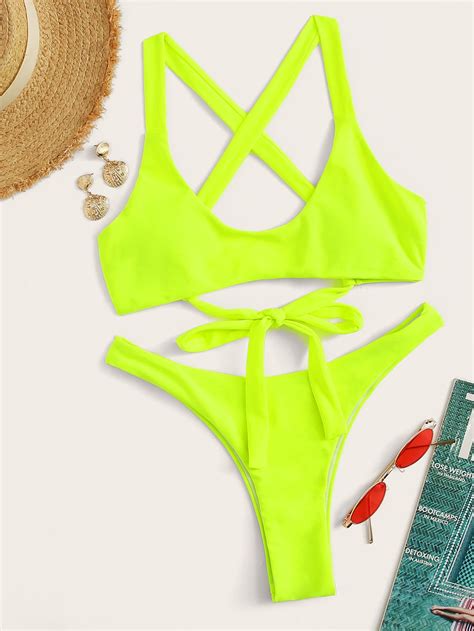 Neon Lime Lace Up Top With Cheeky Bikini Set In Stock Sku