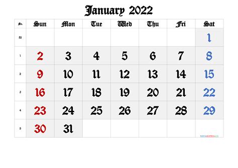 Printable January 2022 Calendar With Week Numbers