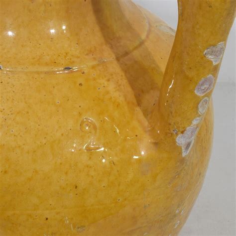 Large 19th Century French Yellow Glazed Terracotta Jug Or Water Cruche Orjol Pottery