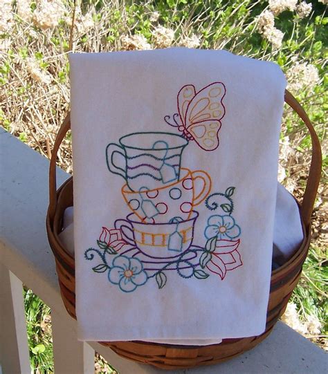 Stacked Teacups Set Of 2Embroidered Tea Towels Embroidered Etsy In