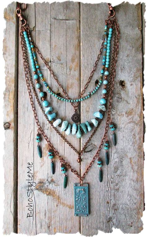 Boho Turquoise Beaded Necklace Handmade Layered Bohemian Etsy