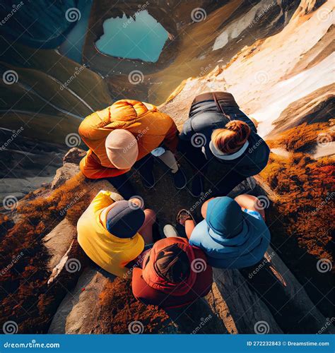 A Group Of People Standing On Top Of A Mountain Stock Illustration