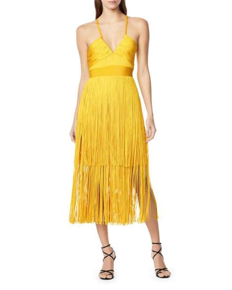 Hervé Léger Synthetic Plunging Strappy Fringe Dress In Golden Yellow