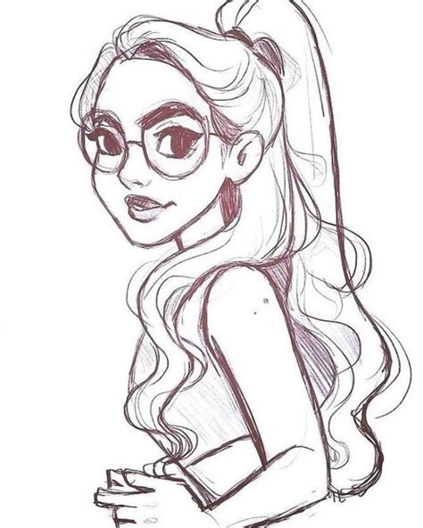 Black And White Sketch Of A Girl Large Round Glasses Long Wavy